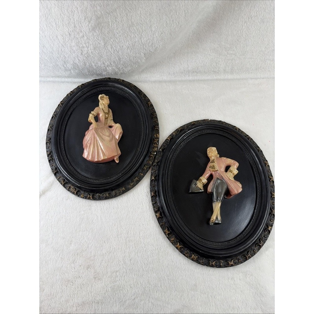 Vintage Chalkware 3D Wall Plaques Pair Mid Century Victorian Courting Couple GVC
